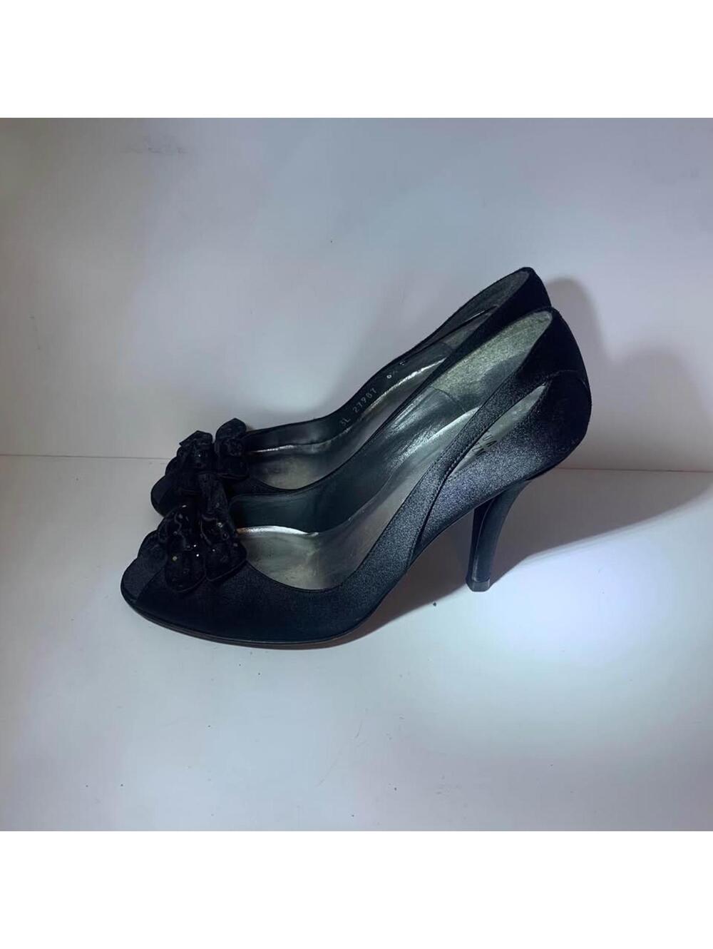 Stuart Weitzman Shoes Black Satin Heels Bows Women's‎ Size 6.5